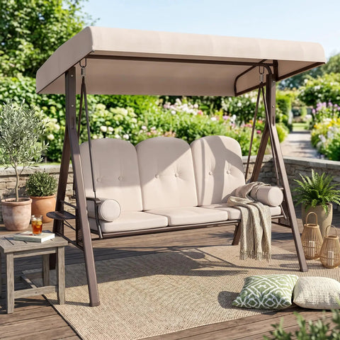 Three Seat Patio Swing Chair With Adjustable Canopy Cozy Outdoor Porch Swing Glider With Removable Cushions Beige garden setting