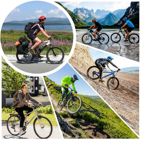 Collage of cyclists in nature and urban settings showcasing varied biking styles for trail and mountain experience.