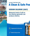 Hassle Free Pool And Spa Drop Test Kit For Sodium Chloride Saltwater Testing with child swimming and test kit in focus.