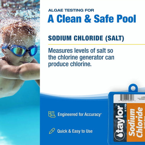 Hassle Free Pool And Spa Drop Test Kit For Sodium Chloride Saltwater Testing with child swimming and test kit in focus.