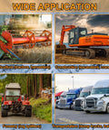 Hydraulic hose fittings set for industrial use; collage shows tractors, excavator, forestry equipment, and dump trucks.