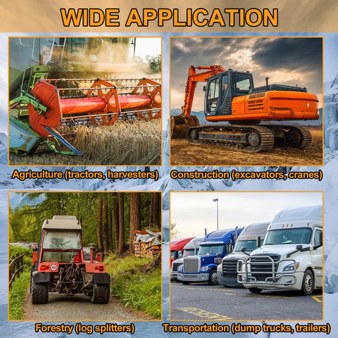 Hydraulic hose fittings set for industrial use; collage shows tractors, excavator, forestry equipment, and dump trucks.