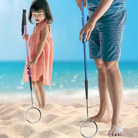 Beach Dipper Sifter Shovel For Beachcombing With 6 Inch Basket, two people using blue tool on sandy shore, adjustable pole, back saving