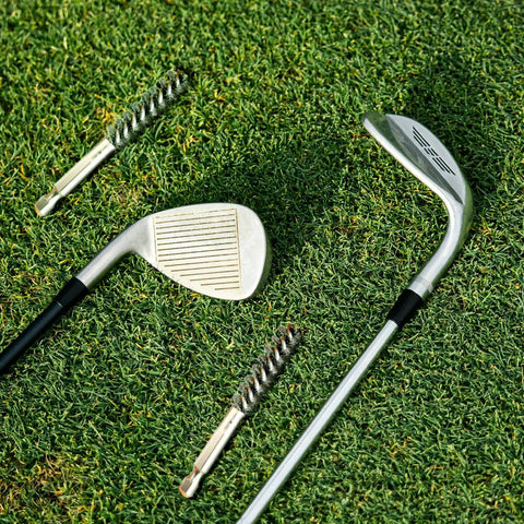 Golf clubs on grass with 10 Pack Golf Club Head Hosel Brushes Set Pro Grade Cleaning Tool For Cleaning Wood And Iron Clubs Includes Stainless Steel Bore Brush And Wire Brush