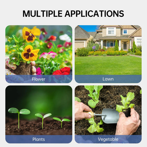 Multiple applications of 2-In-1 Soil Test Kit For pH And Nitrogen, Real-Time Garden And Lawn Nutrient Tester with flowers, lawn, plants, and vegetables.