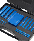 Top Shelf High Precision Metric Setup Blocks, Durable Anodized Aluminum Height Gauge Set For Router And Table Saw Fine Tuning, Laser Etched 15 Piece Kit in black case with 15 blue gauge blocks.