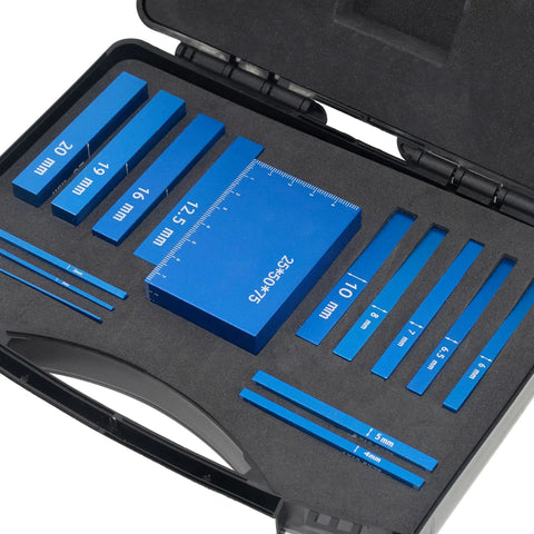 Top Shelf High Precision Metric Setup Blocks, Durable Anodized Aluminum Height Gauge Set For Router And Table Saw Fine Tuning, Laser Etched 15 Piece Kit in black case with 15 blue gauge blocks.
