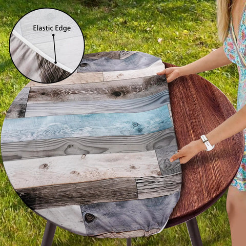 Round Fitted Tablecloth With Elastic Edge For Indoor And Outdoor Use Waterproof Wipeable Table Cover For 36 To 44 Inch Round Tables Farmhouse Style No Fuss Cleanup Dinner Picnic Patio Decor shown on table