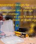 Transparent storage box for 625 Piece Self Tapping Screws Set With 14 Sizes M2 M3 M4, tools in the background