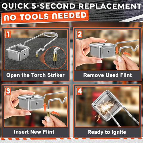 Step-by-step guide for 25 Pcs Striker Flint Replacements For Grills Stoves And Torches, showing flint installation and ignition.