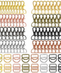 Slick D Rings Kit With Swivel Clasps Slide Buckles And Lobster Hooks For Handbags Lanyards Dog Gear And Craft Sewing Ninety Six Piece Set includes various metallic clasps and buckles.