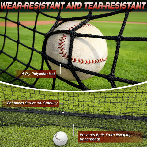 Close-up of 4-ply netting with baseball highlighting the Backyard Batting Cage 30x10x10 Ft With Zipper Door 4 Ply Anti Tear Netting.
