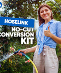 Woman watering garden with heavy duty two way hose splitter with quick connect fittings, no-fuss leak proof outdoor faucet adapter