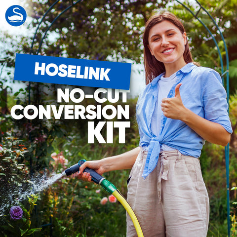 Woman watering garden with heavy duty two way hose splitter with quick connect fittings, no-fuss leak proof outdoor faucet adapter