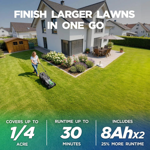 18 Inch Cordless Lawn Mower With 40V Self Propelled Power, 2x5.0Ah Batteries And Charger, Brushless Motor, 2 In 1 Mulching And Bagging, 6 Position Height Adjustment, Built For Small To Medium Yards, Gas Like Power Without The Fumes., woman mowing a large suburban lawn