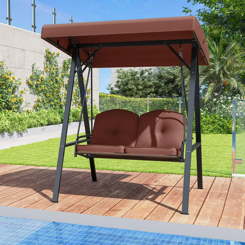 Two Person Patio Porch Swing With Adjustable Canopy Heavy Duty Metal Frame Comfy Cushions Outdoor Garden Swing For Backyard Relaxation