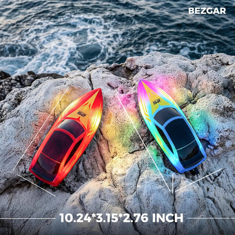 Two Pack 10 Inch RC Boats With LED Lighting Effects on Rocks, Red and Blue, Ideal For Pool Or Lake Fun, Great For Kids And Adults