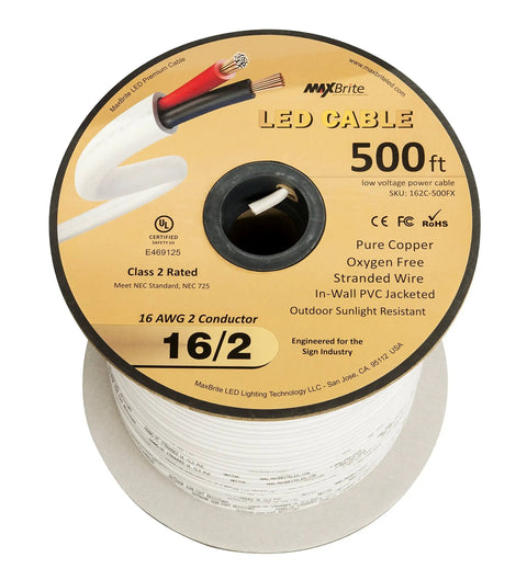 500 ft spool of 16 AWG LED cable, 2-conductor wire, UL Class 2, sunlight resistant PVC jacket, by MYBrite
