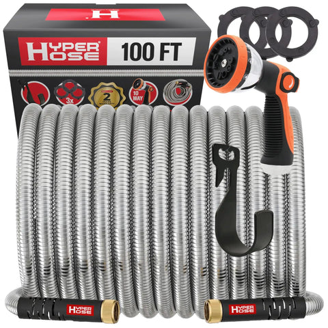 100 Ft Metal Garden Hose Set With No Kink Design, 316 Stainless Steel, 10 Way Zinc Nozzle, Brass Fittings, Hook and Seals