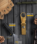 Must Have Survival Kit 14 In 1 For Camping Fishing And Hunting Adventures Compact Multi Tool Gear Set with flashlight, gloves, and bottle clip on a wooden background.