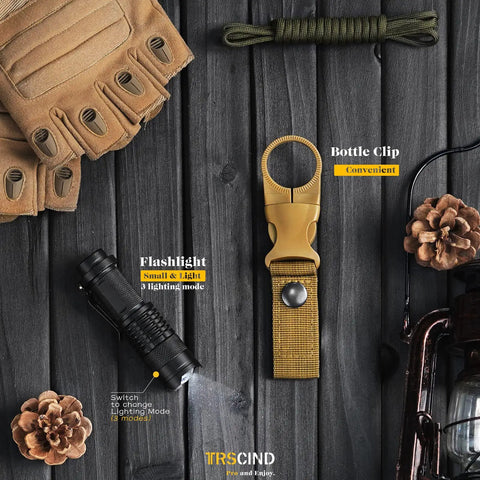Must Have Survival Kit 14 In 1 For Camping Fishing And Hunting Adventures Compact Multi Tool Gear Set with flashlight, gloves, and bottle clip on a wooden background.