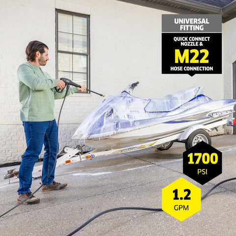 Man using Compact 1700 PSI TruPressure Pressure Washer With 1.2 GPM to clean a jet ski on driveway, featuring hose connection.