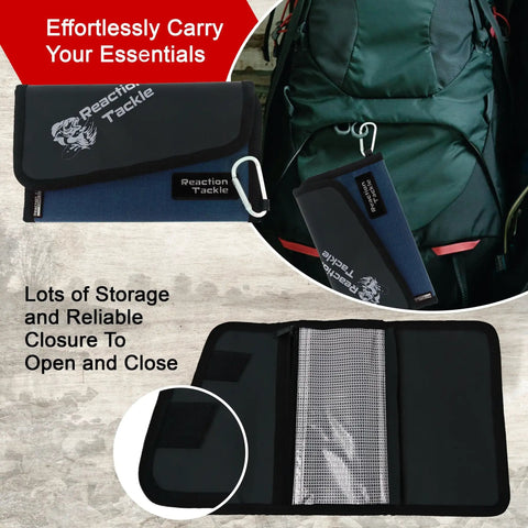 Fishing Tackle Organizer Case With Soft Bait Binder, Ultra Portable 8.5 By 5.5 By 1 Inch Slim Binder, Six Clear Sleeves, Blue, with carabiner clip