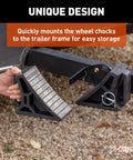 Heavy Duty Wheel Chocks 2 Pack With Mounting Bracket For Trailers Trucks And RVs installed for easy storage