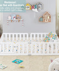 Twin Size Solid Wood Montessori Floor Bed Frame With Secure Guard Rail And Playful Front Door Design, low bed with patterned mattress.