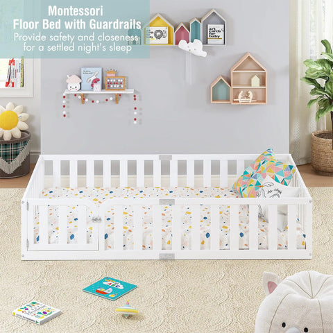 Twin Size Solid Wood Montessori Floor Bed Frame With Secure Guard Rail And Playful Front Door Design, low bed with patterned mattress.