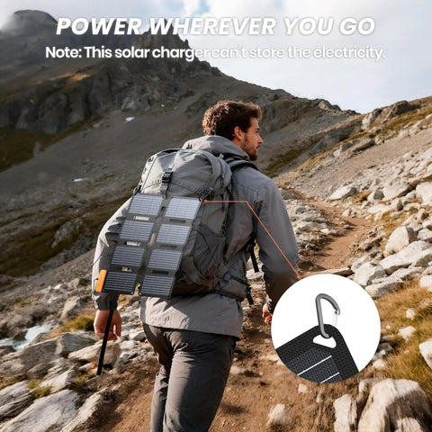 Hiker with backpack using Ultra Portable 25W Solar Panel Charger With Quick Charge USB A And USB C Ports Lightweight Foldable Design