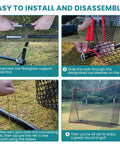 Step-by-step setup of Backyard Golf Net 10x7 Ft With Frame For Indoor And Outdoor Practice, Heavy Duty Hitting Net in Red and Black.