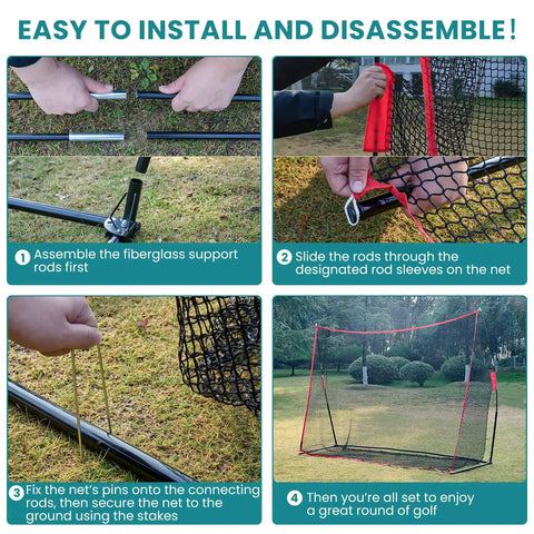 Step-by-step setup of Backyard Golf Net 10x7 Ft With Frame For Indoor And Outdoor Practice, Heavy Duty Hitting Net in Red and Black.