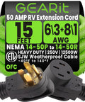Hella Durable 15 Ft 50 Amp Extension Cord Tough As Nails Waterproof RV Charger Cable With NEMA 14 50 Plugs showcasing heavy duty connectors and gauge.