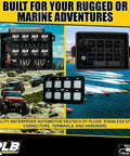 Collage of 8 Gang 12V Switch Panel With Programmable RGBW LED, showing outdoor adventure scenes, panel close-up, and product logo