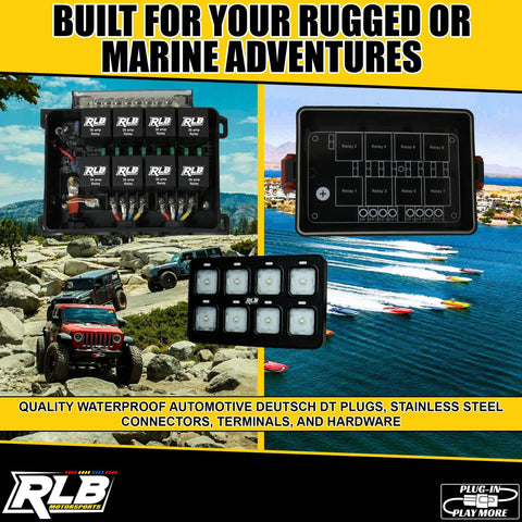 Collage of 8 Gang 12V Switch Panel With Programmable RGBW LED, showing outdoor adventure scenes, panel close-up, and product logo