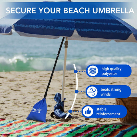 Beach Umbrella Sand Anchor Bag Windproof Weight For Heavy Wind under a blue beach umbrella at the seaside
