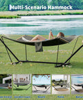 Double Outdoor Hammock With Stand For Patio Backyard And Beach, Heavy Duty Steel Frame, in use by person next to lake.