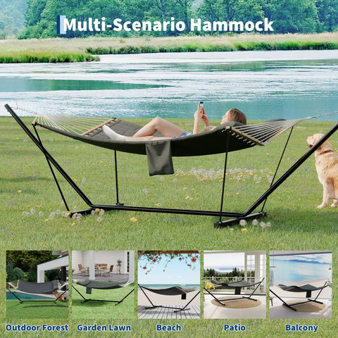 Double Outdoor Hammock With Stand For Patio Backyard And Beach, Heavy Duty Steel Frame, in use by person next to lake.