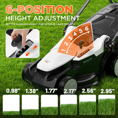 16 Inch Cordless Lawn Mower With Dual 20V 4.0Ah Batteries, Brushless Motor, Ultra Lightweight Yard Buddy, 6-Position Height Adjustment, Includes 2x 4.0Ah Batteries and Charger, Easy Start For Fast, Clean Cuts In Small To Medium Yards, shown on grass