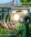 Solar Powered Ultrasonic Deer Repellent Outdoor Deterrent With Motion Sensor Strobe Light That Keeps Rabbits Cats Raccoons Squirrels Out Of Your Garden Yard And Farm Landscaping Protecting Plants In Style 2Pack, green stake-mounted unit in garden