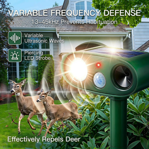 Solar Powered Ultrasonic Deer Repellent Outdoor Deterrent With Motion Sensor Strobe Light That Keeps Rabbits Cats Raccoons Squirrels Out Of Your Garden Yard And Farm Landscaping Protecting Plants In Style 2Pack, green stake-mounted unit in garden