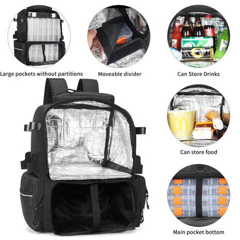 45L Insulated Tackle Backpack For Fishing Gear, Waterproof Travel Bag With cold upper compartment showing storage features