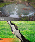 Before image of a waterlogged area and after image of Tough As Nails Geotextile Fabric for Driveways and Erosion Control installed with drainage.