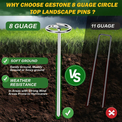 Comparison of 8 gauge circle top landscape pin versus 11 gauge, showcasing features like soft ground suitability and weather resistance.
