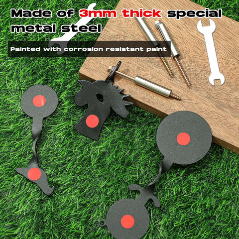 Three Piece BB Gun Target Set With Rotating Metal Animal Silhouettes Bear Bird And Rooster Spinner Targets on grass