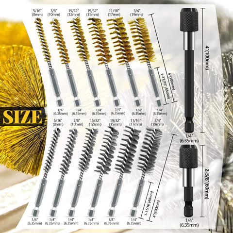 Pro Grade 14 Piece Bore Brush Set with dual material 8-19 mm brushes, hex shank, extension bars for power drills and grinders