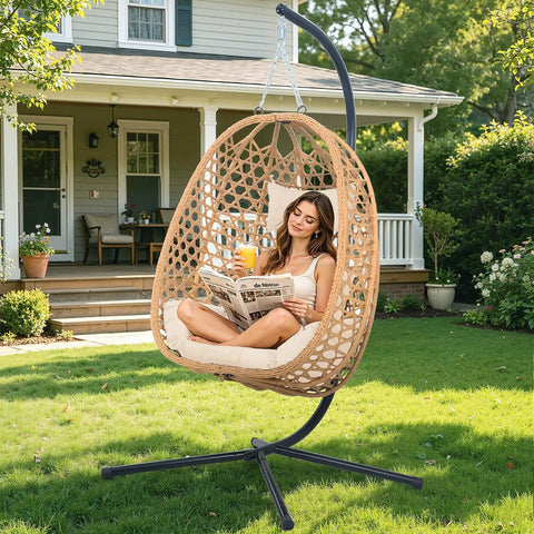 Cozy Hanging Egg Chair With Stand And Plush Cushions for indoor outdoor chill sessions on patio with natural wood finish.
