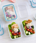 Total Solution Five Pack Three Cup Food Storage Containers With Leakproof Airtight Lids Rectangular Style Meal Prep Boxes filled with salad