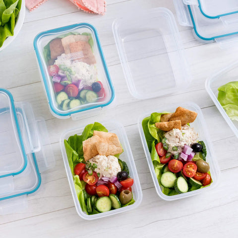Total Solution Five Pack Three Cup Food Storage Containers With Leakproof Airtight Lids Rectangular Style Meal Prep Boxes filled with salad